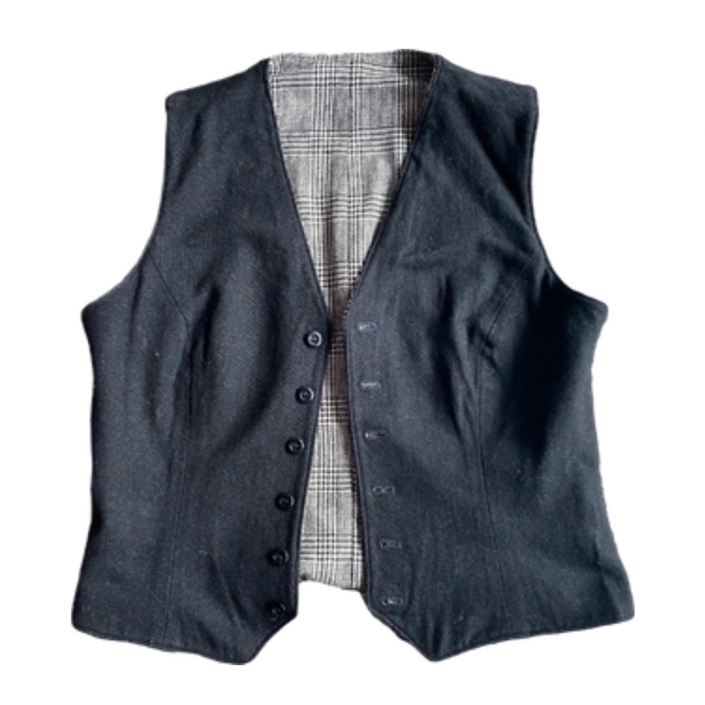 Vintage Reversible Button Fitted Vest V Neck Black Grey Plaid